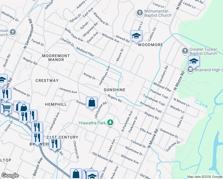 map of restaurants, bars, coffee shops, grocery stores, and more near 4502 Kemp Drive in Chattanooga