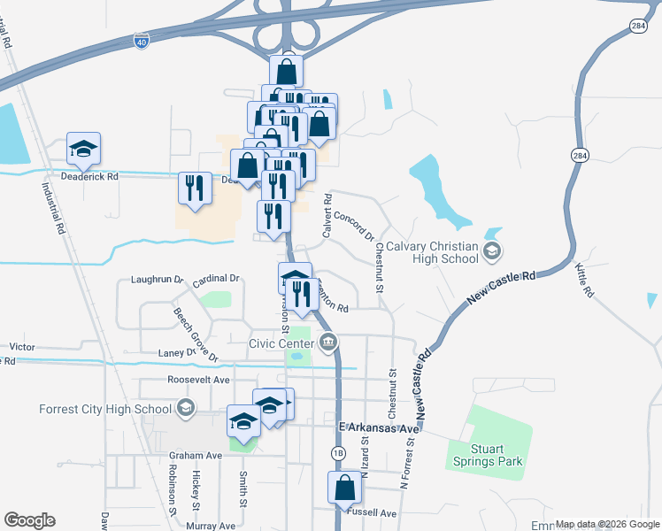 map of restaurants, bars, coffee shops, grocery stores, and more near 221 Lexington Drive in Forrest City