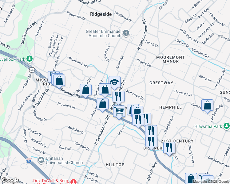 map of restaurants, bars, coffee shops, grocery stores, and more near 109 North Germantown Road in Chattanooga