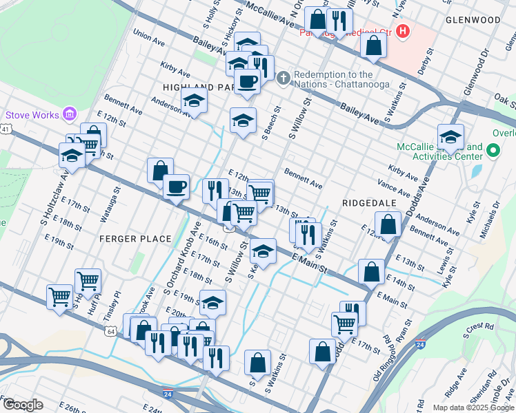 map of restaurants, bars, coffee shops, grocery stores, and more near 2018 East 13th Street in Chattanooga