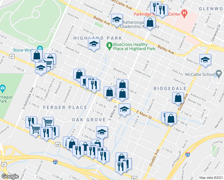 map of restaurants, bars, coffee shops, grocery stores, and more near 2005 East 14th Street in Chattanooga