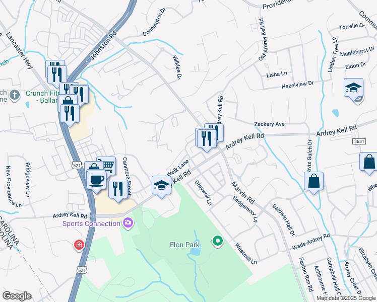 map of restaurants, bars, coffee shops, grocery stores, and more near 9638 Longstone Lane in Charlotte