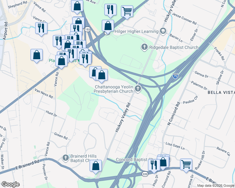 map of restaurants, bars, coffee shops, grocery stores, and more near 6702 Northside Drive in Chattanooga