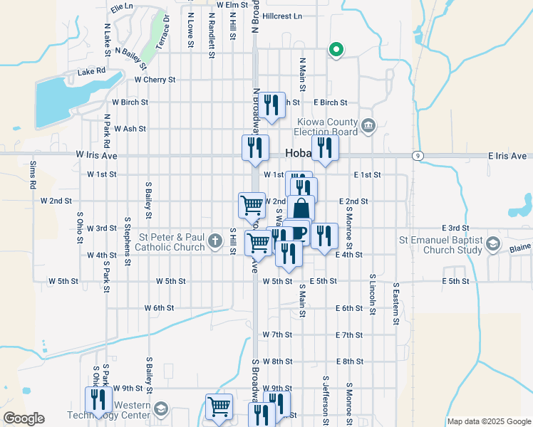 map of restaurants, bars, coffee shops, grocery stores, and more near 215 South Broadway Avenue in Hobart