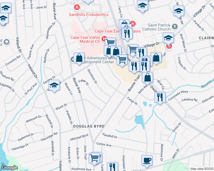 map of restaurants, bars, coffee shops, grocery stores, and more near 1840 Fargo Drive in Fayetteville
