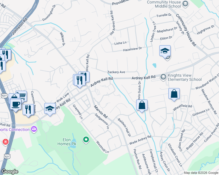 map of restaurants, bars, coffee shops, grocery stores, and more near 10917 Princeton Village Drive in Charlotte