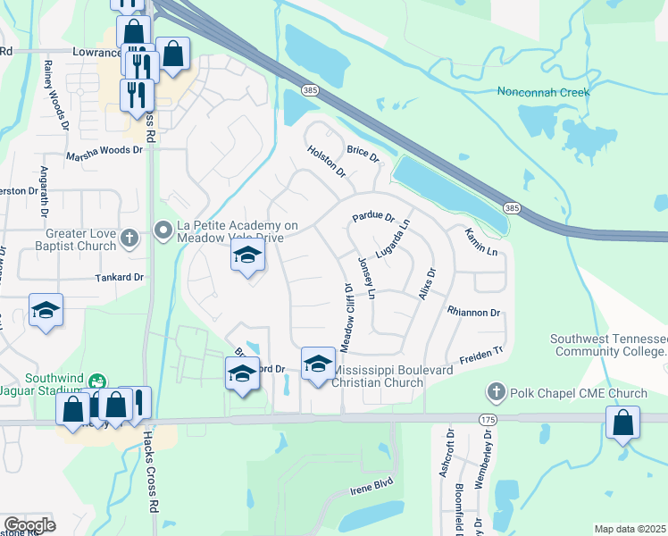 map of restaurants, bars, coffee shops, grocery stores, and more near 4457 Meadow Cliff Dr in Memphis