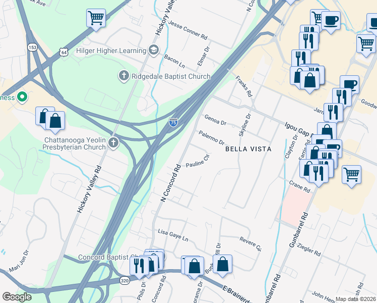 map of restaurants, bars, coffee shops, grocery stores, and more near 1710 North Concord Road in Chattanooga