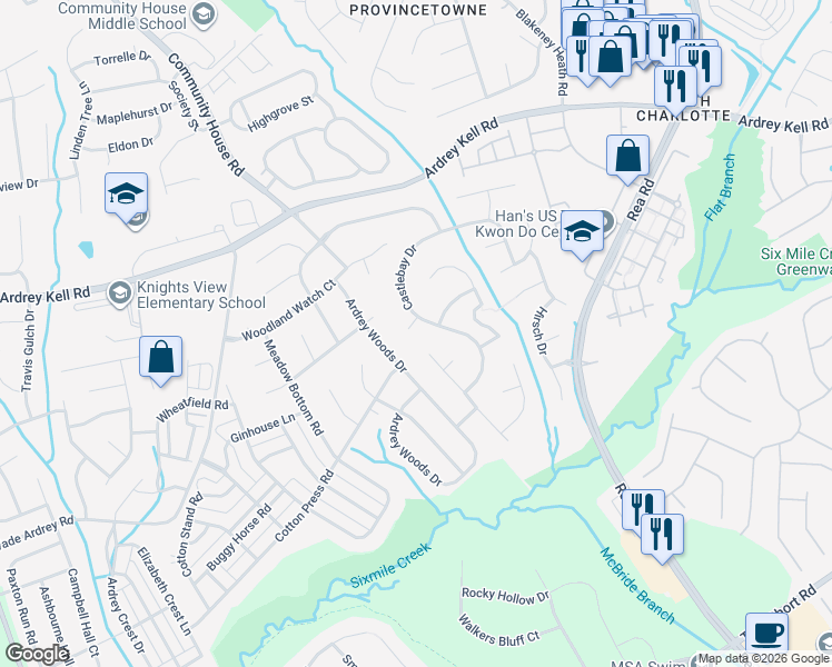 map of restaurants, bars, coffee shops, grocery stores, and more near 8505 Netherfield Court in Charlotte