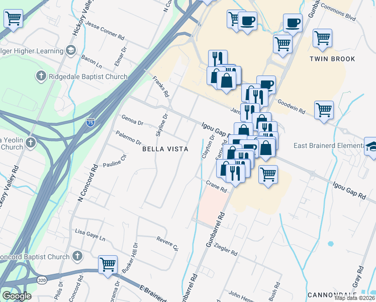 map of restaurants, bars, coffee shops, grocery stores, and more near 1742 Verona Drive in Chattanooga