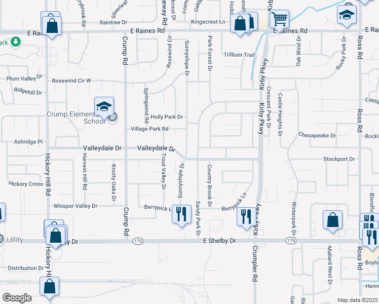 map of restaurants, bars, coffee shops, grocery stores, and more near 4468 Sunnyslope Drive in Memphis