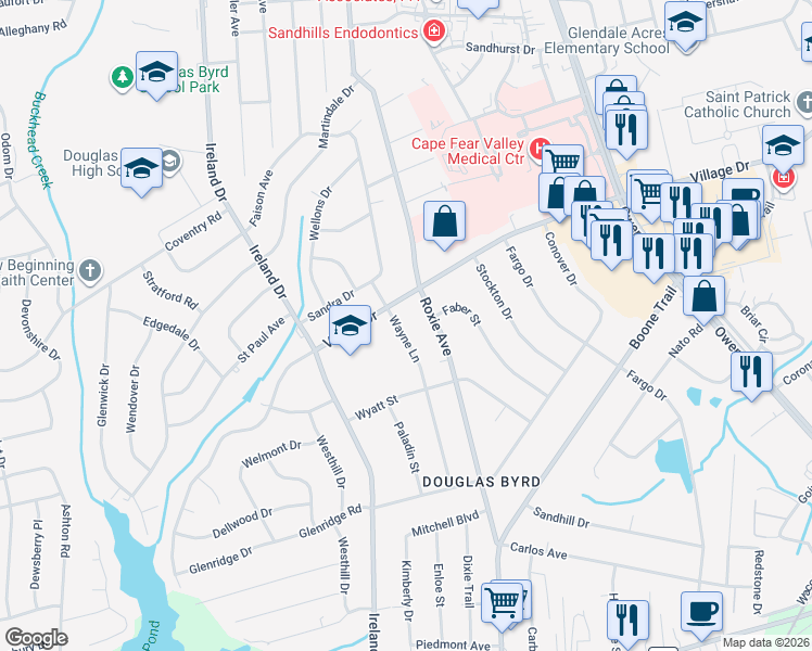 map of restaurants, bars, coffee shops, grocery stores, and more near 1809 Wayne Lane in Fayetteville