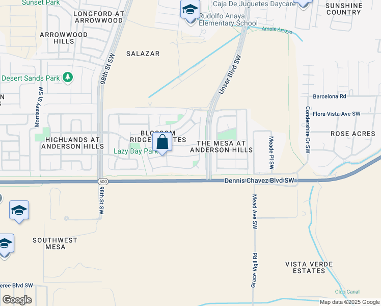 map of restaurants, bars, coffee shops, grocery stores, and more near 8915 Blue Meadow Tr Southwest in Albuquerque