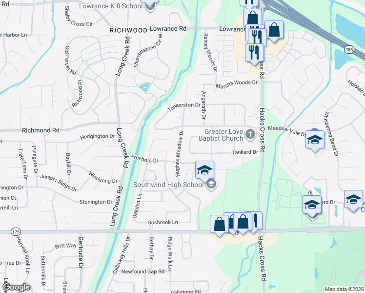 map of restaurants, bars, coffee shops, grocery stores, and more near 4464 Hughes Meadow Drive in Memphis