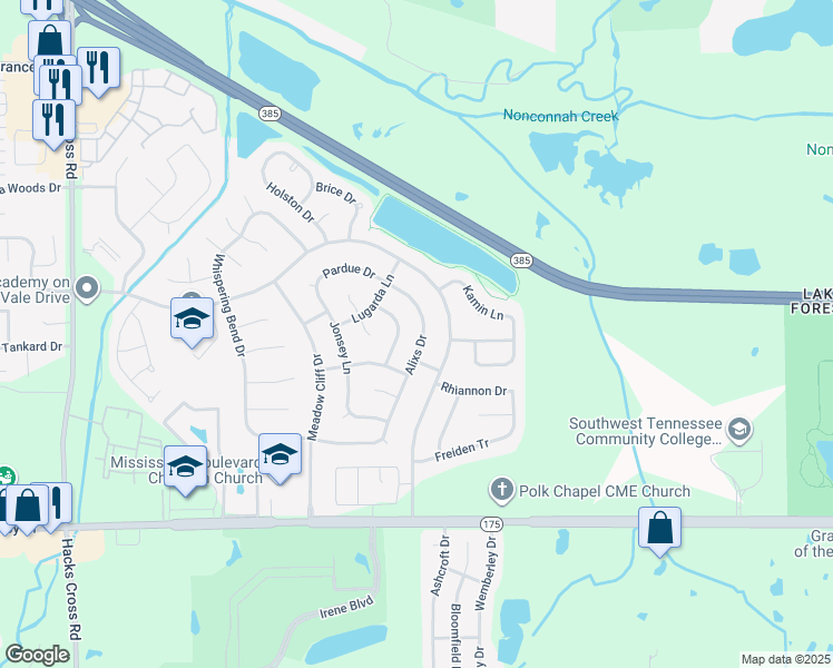 map of restaurants, bars, coffee shops, grocery stores, and more near 4465 Alixs Drive in Memphis