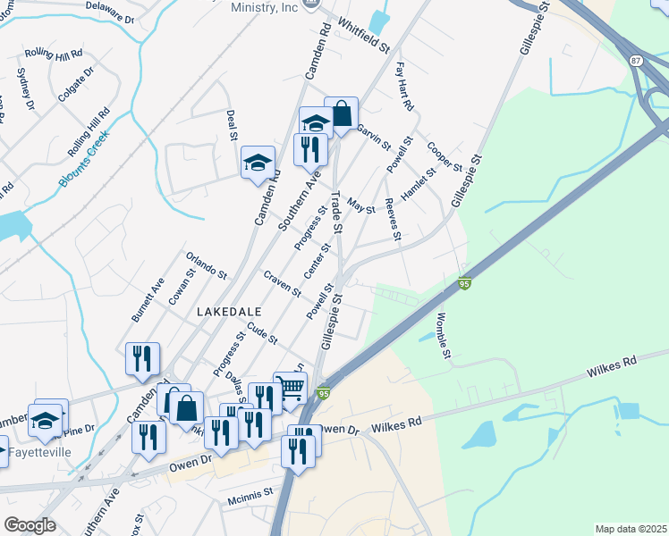 map of restaurants, bars, coffee shops, grocery stores, and more near 1802 Powell Street in Fayetteville