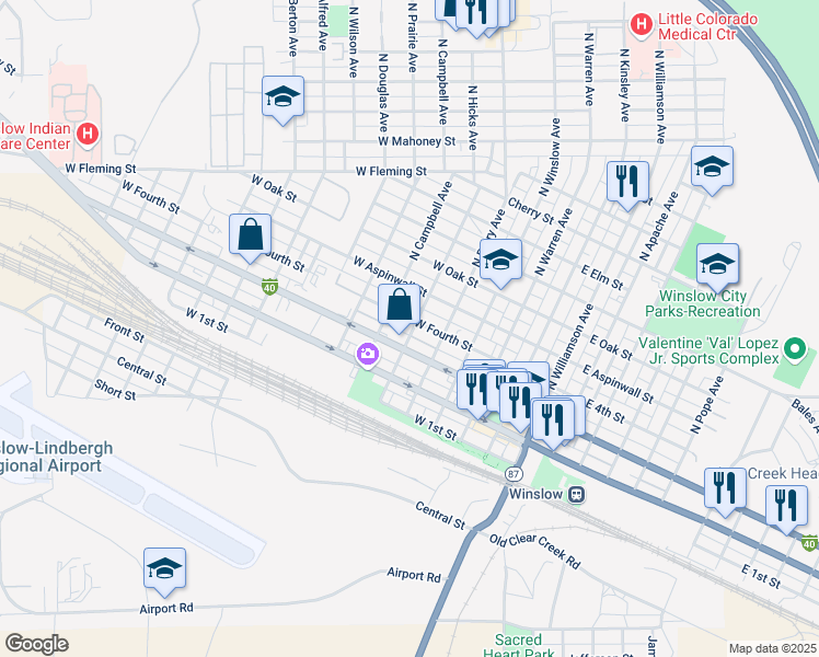 map of restaurants, bars, coffee shops, grocery stores, and more near 501 West Fourth Street in Winslow