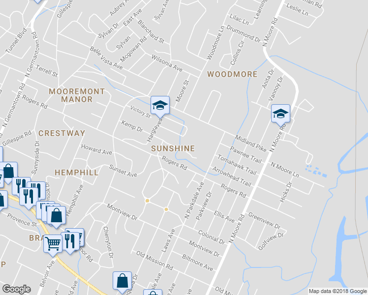 map of restaurants, bars, coffee shops, grocery stores, and more near 4603 Kemp Drive in Chattanooga