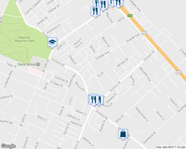 map of restaurants, bars, coffee shops, grocery stores, and more near 375 Kestrel Way in Nipomo