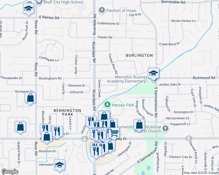 map of restaurants, bars, coffee shops, grocery stores, and more near 7021 Rocky Creek in Memphis