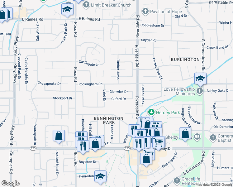 map of restaurants, bars, coffee shops, grocery stores, and more near 6871 Glenwick Drive in Memphis