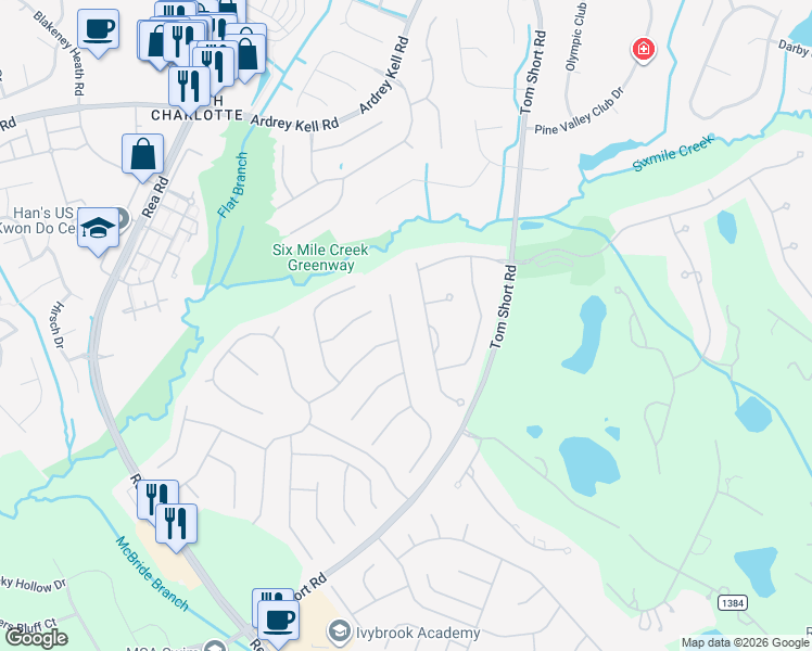 map of restaurants, bars, coffee shops, grocery stores, and more near 113 Belvedere Lane in Waxhaw