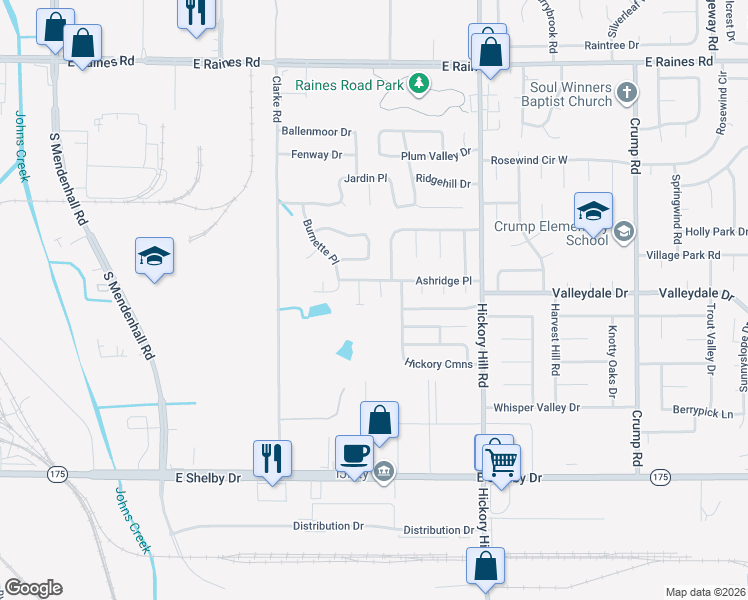 map of restaurants, bars, coffee shops, grocery stores, and more near 4469 Ashridge Cove in Memphis