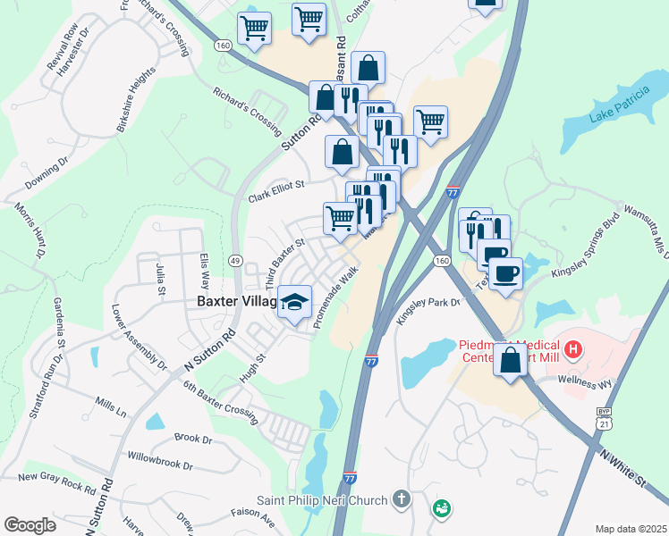 map of restaurants, bars, coffee shops, grocery stores, and more near 1039 Market Street in Fort Mill