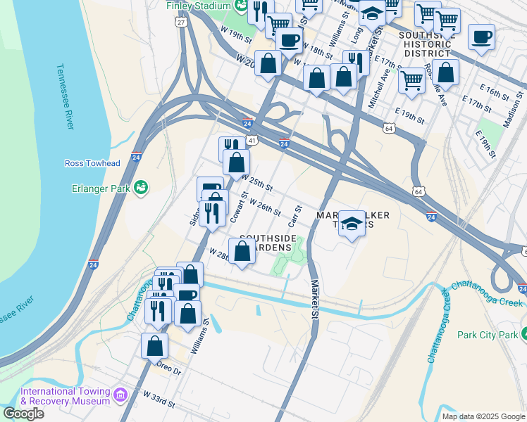 map of restaurants, bars, coffee shops, grocery stores, and more near 121 West 26th Street in Chattanooga