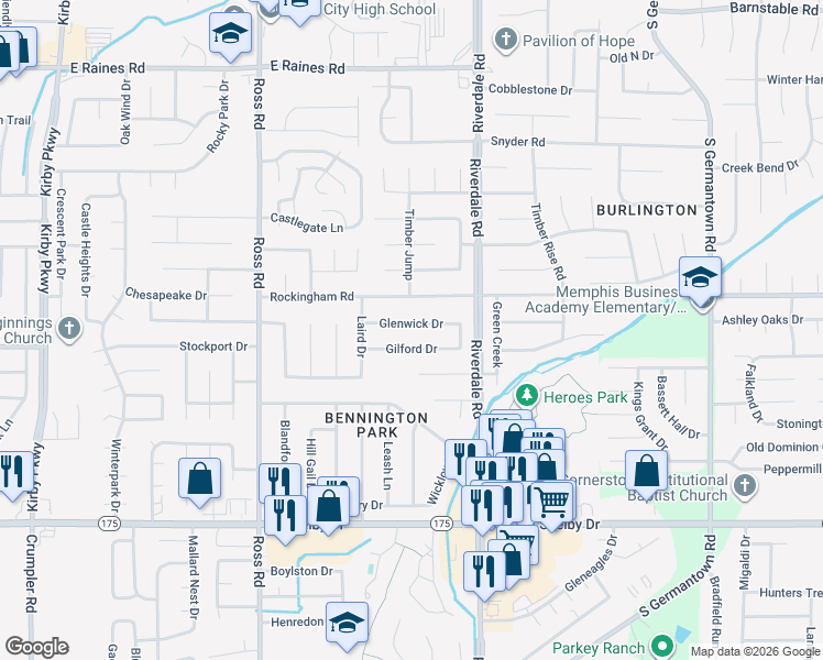 map of restaurants, bars, coffee shops, grocery stores, and more near 6895 Glenwick Drive in Memphis