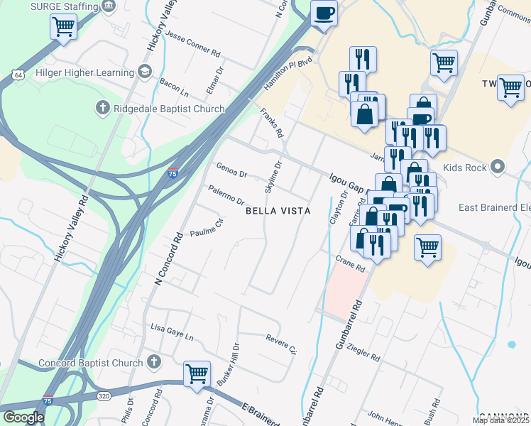 map of restaurants, bars, coffee shops, grocery stores, and more near 1800 Skyline Drive in Chattanooga