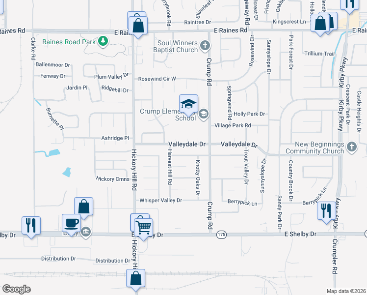 map of restaurants, bars, coffee shops, grocery stores, and more near 6039 Valleydale Drive in Memphis