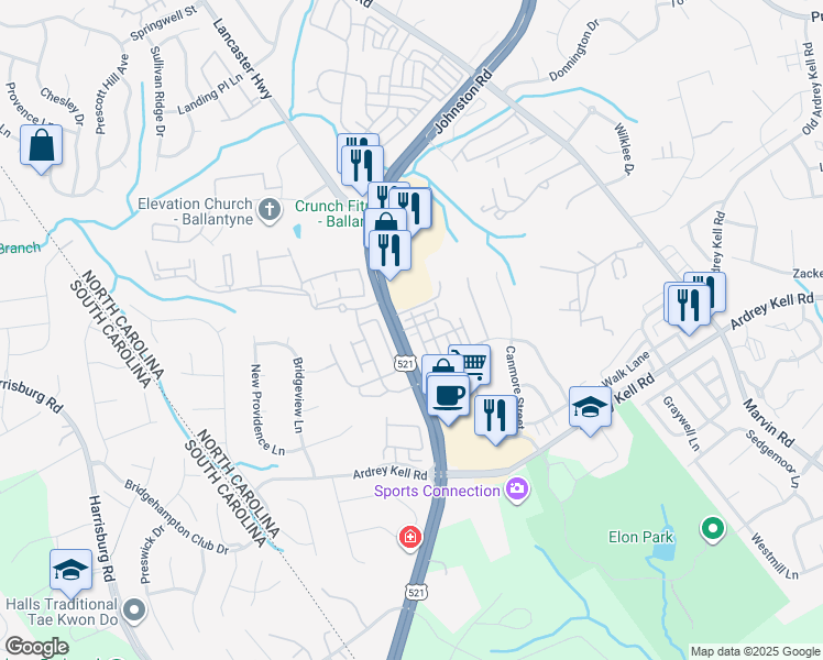 map of restaurants, bars, coffee shops, grocery stores, and more near 16406 Hawfield Farms Road in Charlotte