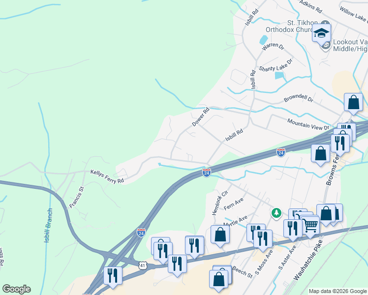 map of restaurants, bars, coffee shops, grocery stores, and more near 112 Dower Road in Chattanooga
