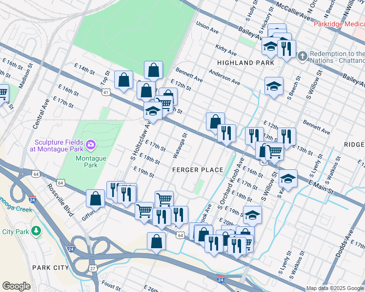 map of restaurants, bars, coffee shops, grocery stores, and more near 1600 East 16th Street in Chattanooga
