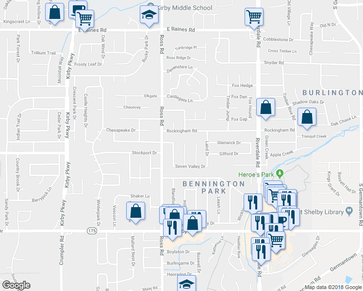 map of restaurants, bars, coffee shops, grocery stores, and more near 4465 7 Valley Cove in Memphis