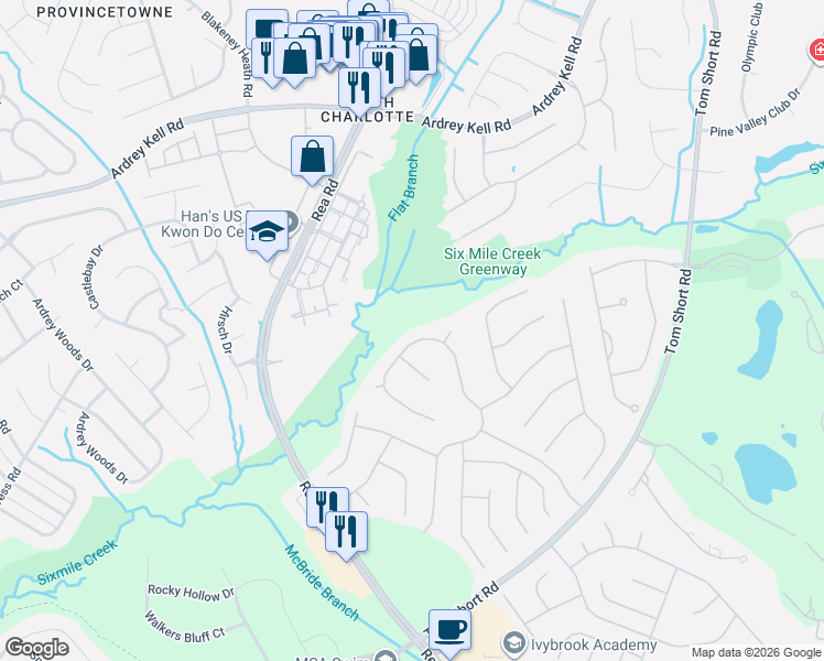 map of restaurants, bars, coffee shops, grocery stores, and more near 8507 Tintinhull Lane in Waxhaw