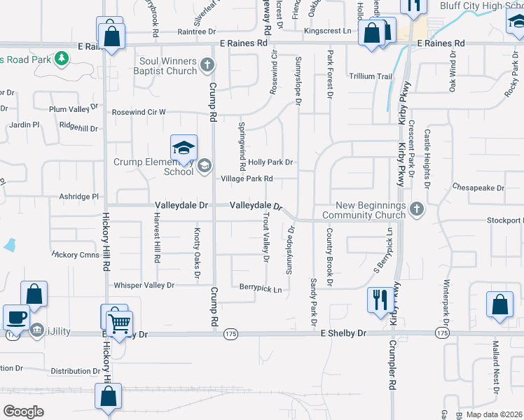 map of restaurants, bars, coffee shops, grocery stores, and more near 6227 Valleydale Drive in Memphis
