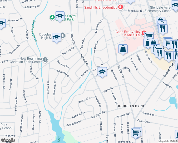 map of restaurants, bars, coffee shops, grocery stores, and more near 1803 Saint Paul Avenue in Fayetteville