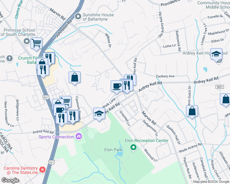 map of restaurants, bars, coffee shops, grocery stores, and more near 9638 Longstone Lane in Charlotte