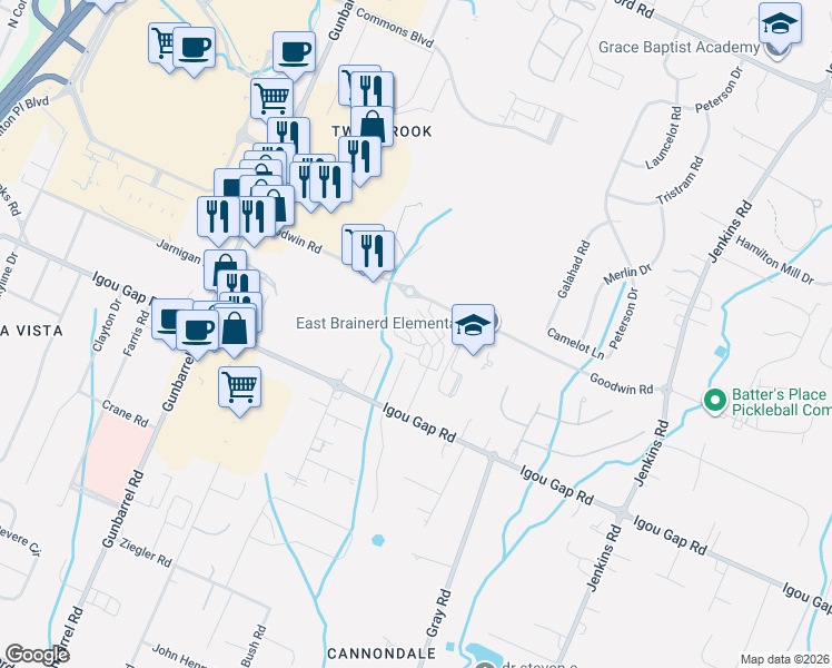 map of restaurants, bars, coffee shops, grocery stores, and more near 2019 Igou Crossing Drive in Chattanooga
