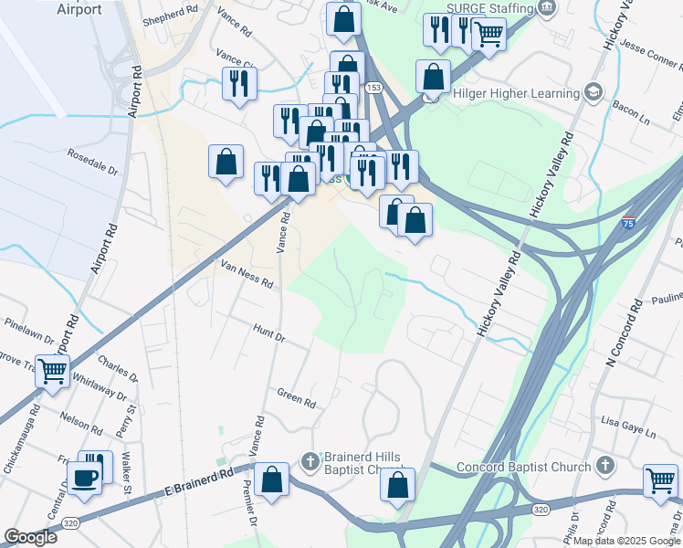 map of restaurants, bars, coffee shops, grocery stores, and more near 1558 Vance Road in Chattanooga