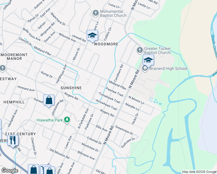 map of restaurants, bars, coffee shops, grocery stores, and more near 4717 Pawnee Trail in Chattanooga