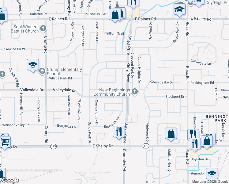 map of restaurants, bars, coffee shops, grocery stores, and more near 6401 Golden Park Drive in Memphis