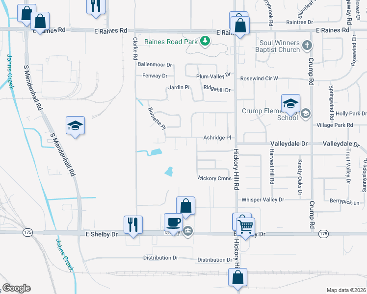 map of restaurants, bars, coffee shops, grocery stores, and more near 4469 Ashridge Cove in Memphis
