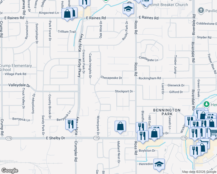 map of restaurants, bars, coffee shops, grocery stores, and more near 6577 Beaverlodge Drive in Memphis