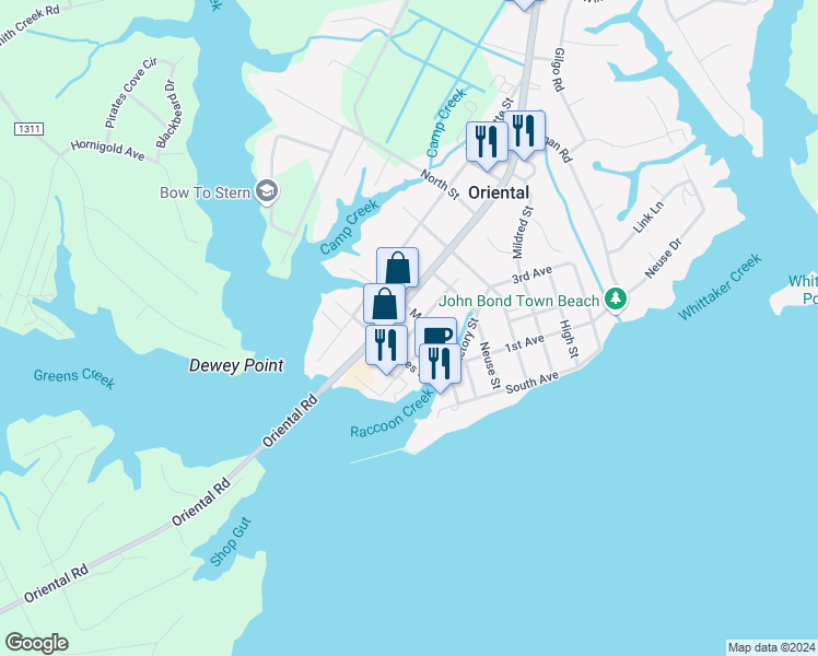 map of restaurants, bars, coffee shops, grocery stores, and more near 409 Academy Street in Oriental