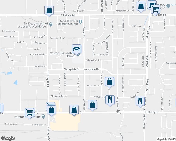 map of restaurants, bars, coffee shops, grocery stores, and more near 6131 Valleydale Drive in Memphis