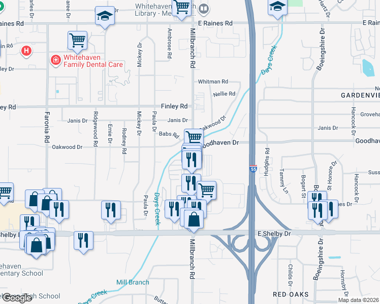 map of restaurants, bars, coffee shops, grocery stores, and more near 4455 Millbranch Road in Memphis