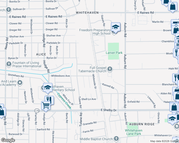 map of restaurants, bars, coffee shops, grocery stores, and more near 677 Whiteside Cove in Memphis
